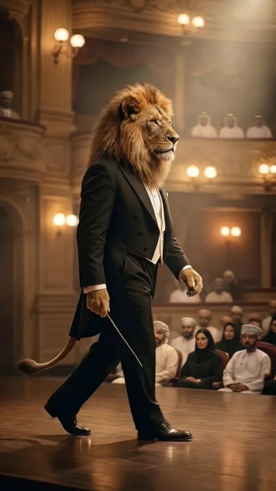 إطار من الإعلان: أسد بزيّ قائد أوركسترا يعبر خشبة مسرح كلاسيكي