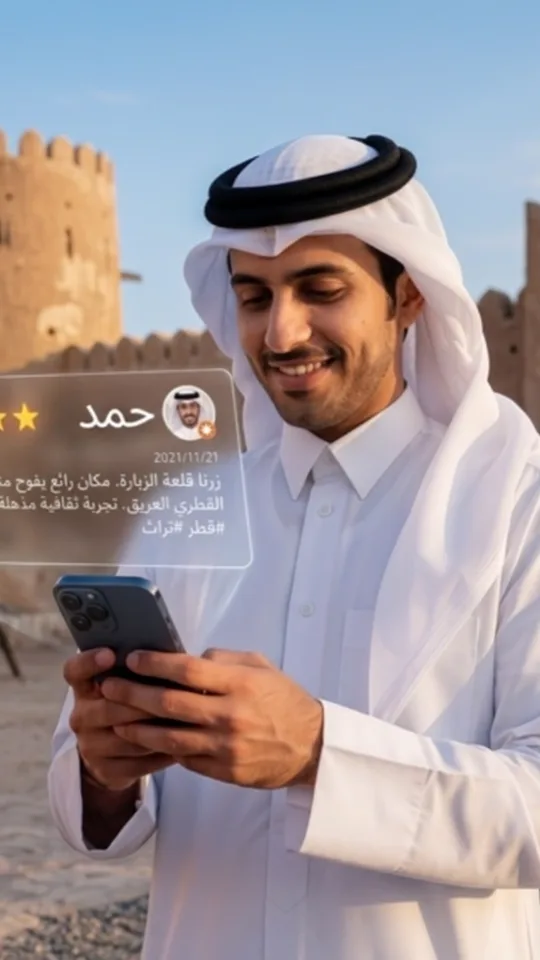 إطار من الإعلان: شاب أمام قلعة قطرية يقرأ تقييماً على هاتفه